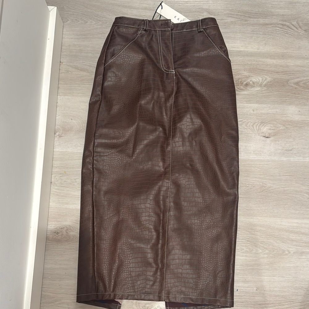 Brown Kai collective Faux Leather Midi Skirt new without tags never worn